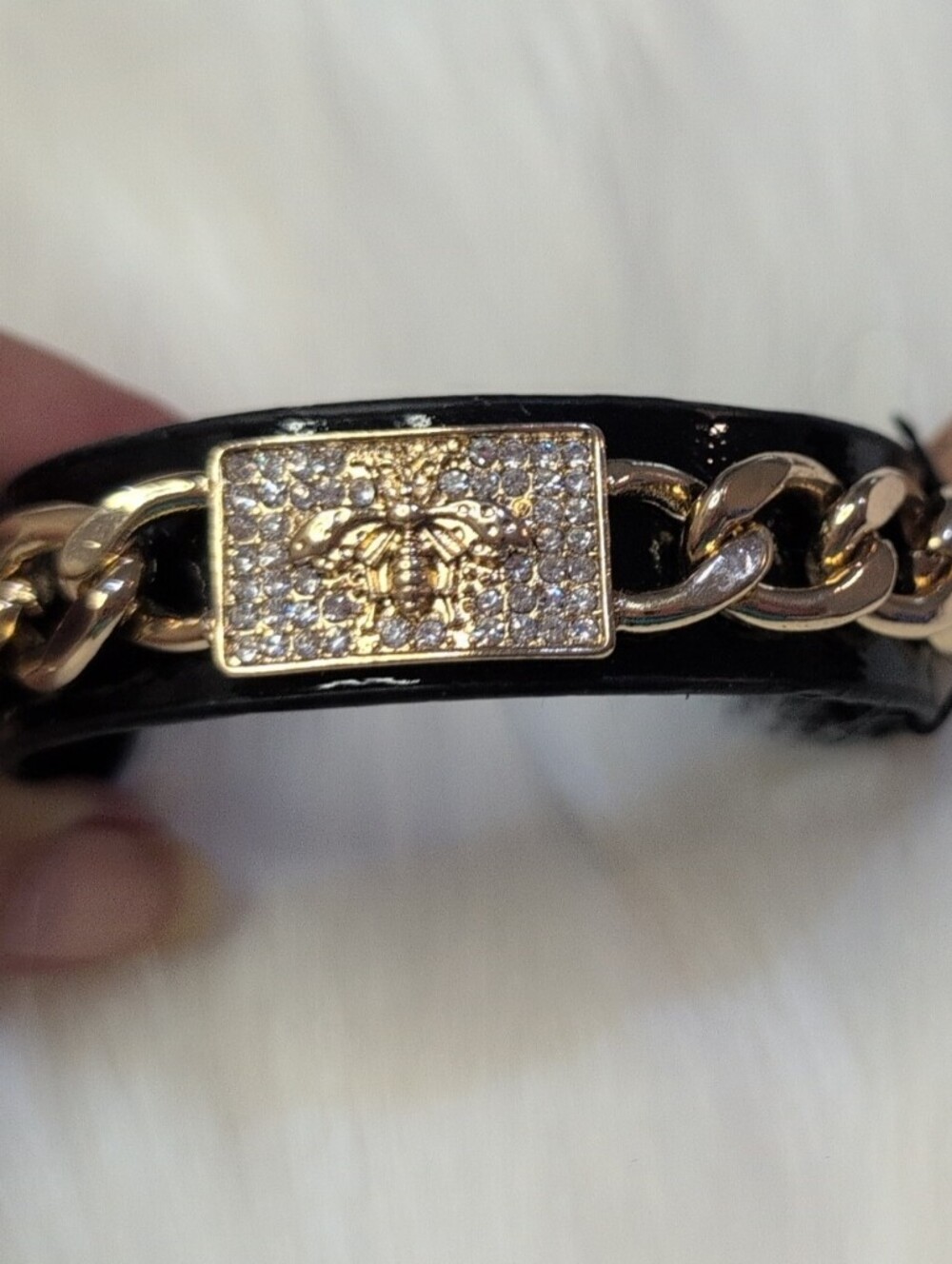 Fashion Black Patent Leather Bracelet with Gold Tone Chain and Crystal Accent
